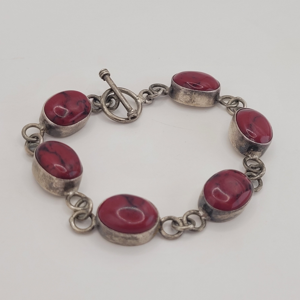 Vintage Mexico 925 Sterling Silver and Red Jasper Gemstone 8.25" Bracelet